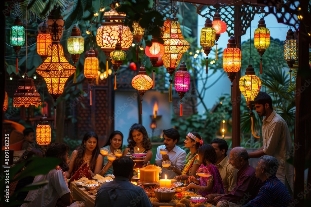 Sticker A big family gathering for a celebration with Color CFADF sitting around a table, A big family gathering for a celebration with colorful lanterns and decorations