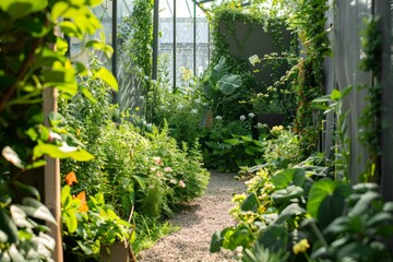 Lush garden filled with numerous green plants, showcasing a variety of genetically modified species, A bio-engineered garden filled with genetically modified plants