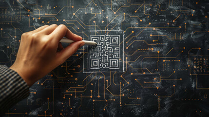 Hand drawing a QR code on a complex digital circuit board background