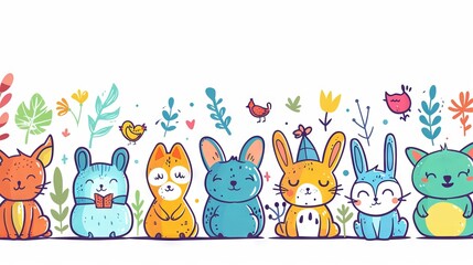 Naklejka premium A group of cute animals are sitting in a row