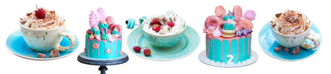 Turquoise, blue and green desserts isolated om white background. Whipped cream, cakes, ice cream,...