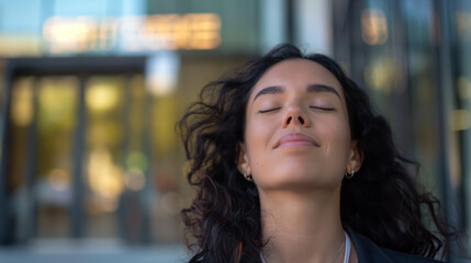 Obraz premium Young Hispanic Businesswoman Enjoying a Relaxing Break Outside an Office Building
