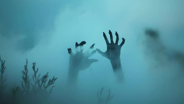 Scary zombie hand in the fog.