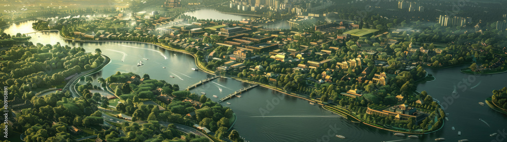 Poster innovative urban development using 3d models for future city planning, offering a simulation tool th