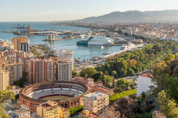 Aerial view of the center and port of Malaga, Spain