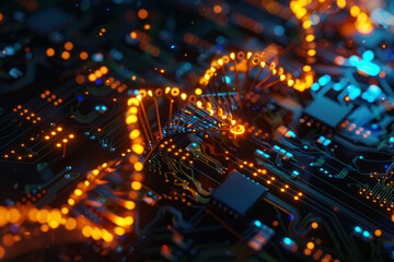 A close up of a circuit board with glowing lights