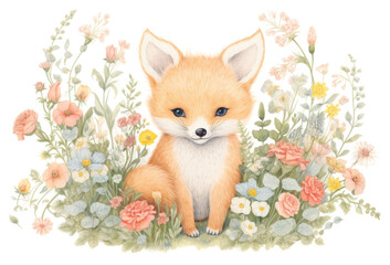 Fototapeta premium PNG Baby fox in flower garden mammal animal plant. AI generated Image by rawpixel.