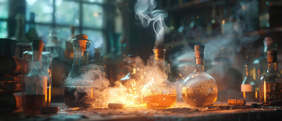 The enchanting world of magical potion brewing as the alchemist works wonders in the laboratory, illuminated by natural lighting.