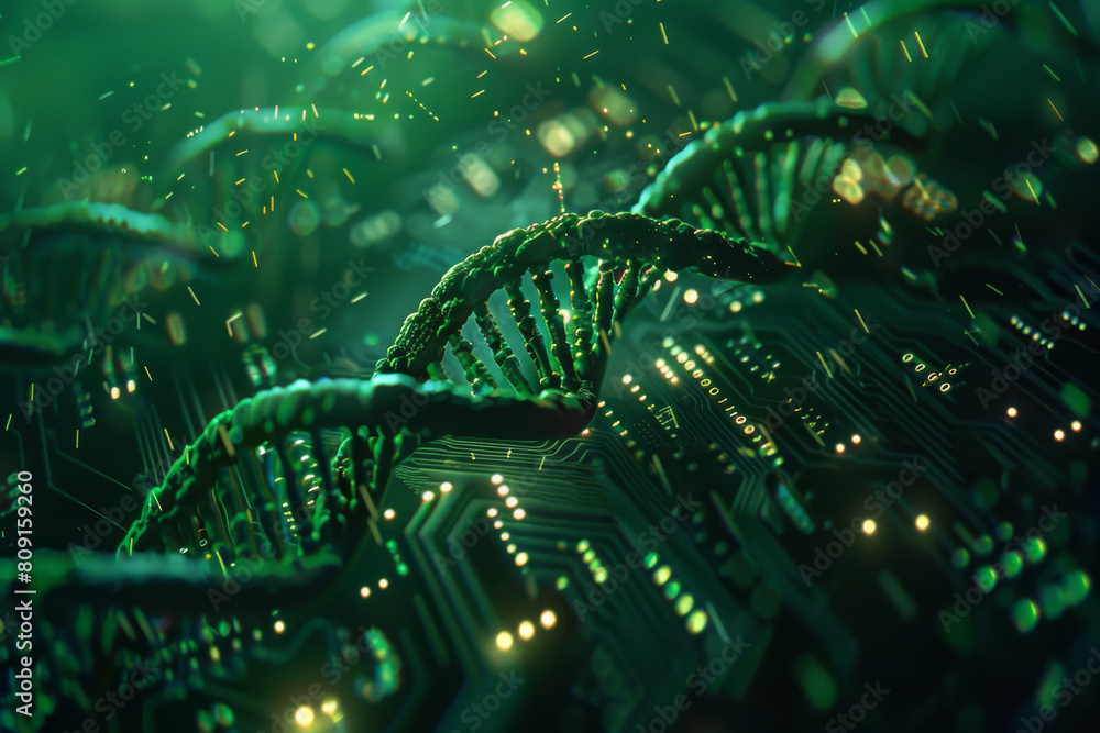 Poster a computer generated image of dna molecules on a circuit board