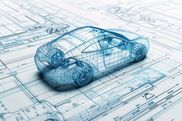 A hightech self-driving car blueprint laid out on top of other blueprints, showing intricate design details, A blueprint for a high-tech, self-driving car