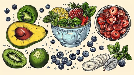 Fresh and healthy food. A bowl of salad with avocado, kiwi, banana, blueberries, and strawberries.