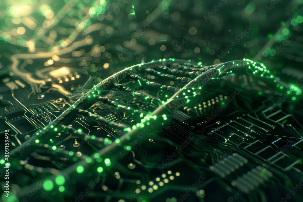 Poster a computer generated image of a dna strand on a circuit board