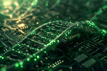 A computer generated image of a dna strand on a circuit board