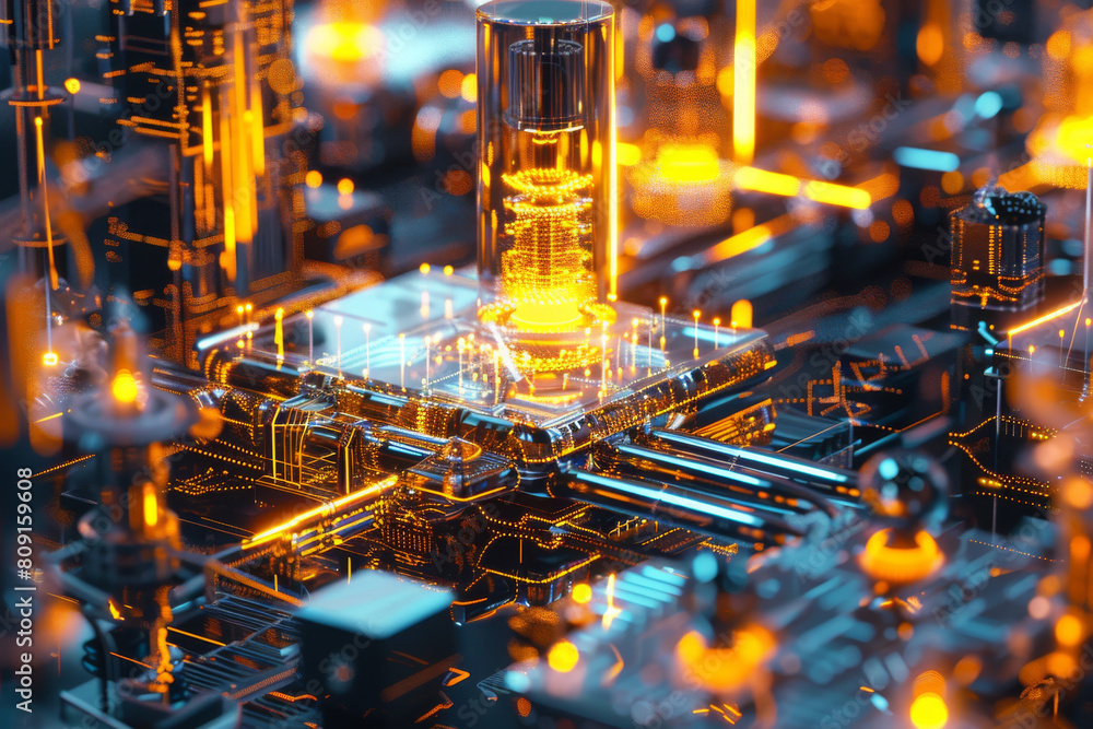 Poster a computer generated image of a circuit board with a tower in the middle