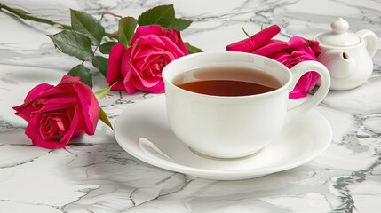 a white porcelain teapot and tea cup resting gracefully on a table, accompanied by a bouquet of luxurious roses, set against a sophisticated marble background.