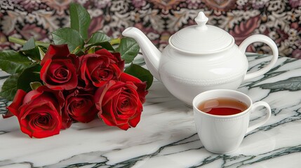 a white porcelain teapot and tea cup resting gracefully on a table, accompanied by a bouquet of luxurious roses, set against a sophisticated marble background.
