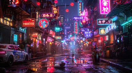Futuristic atmosphere of a cyberpunk street scene, where neon-lit 2D signs blend seamlessly with 3D characters. This vibrant image captures the essence of urban life in a digital age.
