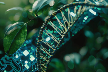 A close up of a dna molecule with green leaves in the background - Powered by Adobe