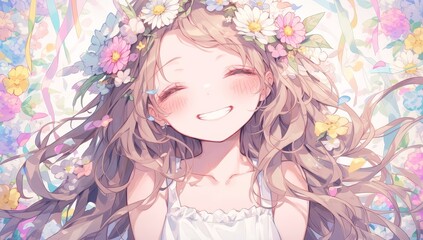 anime style girl with long brown hair, smiling and wearing flowers in her hair, white dress, colorful cartoon background, cute, pastel colors