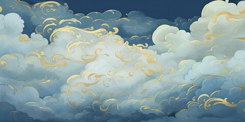 Blue sky, several classical auspicious cloud patterns with gold outlines, arranged on a background with pearlescent matte effect decorative background scene