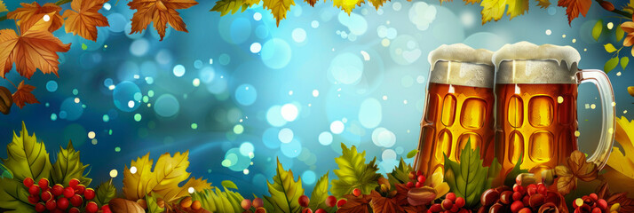 Oktoberfest banner background, two glasses of beer in autumn atmosphere, space for text