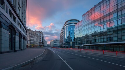 Obraz premium an empty city street bathed in the warm glow of a summer sunset, featuring a prominent red fence in the foreground and vintage buildings adorned with white window frames