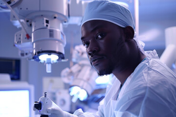 A surgeon in an operating room looking at something