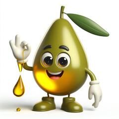 3D funny olive oil drop cartoon on white background