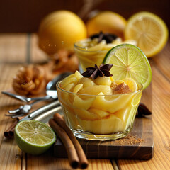 Lemon mousse in small glasses, garnished with lime wedges and spices - obrazy, fototapety, plakaty