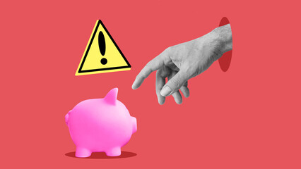 Hand steals piggy bank. Protection of Money and electronic banking security. Concept of financial...