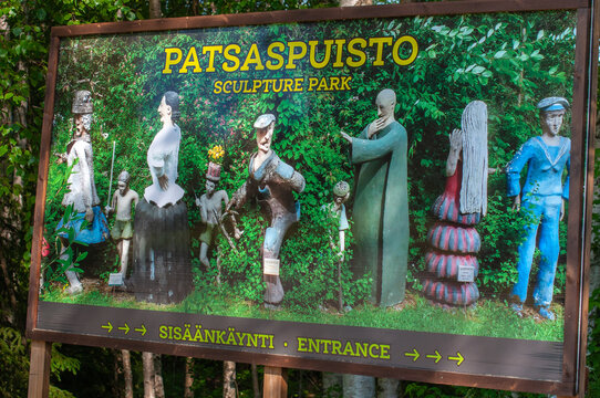 Parikkala, Finland. Stand at the entrance to the park Patsaspuisto. Sculptures by artist Veijo Ronkkonen. The park has more than 500 statues created by one person over 50 years.