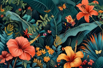 A detailed painting showcasing a variety of lush tropical plants and vibrant flowers, A botanical illustration of exotic plants and flowers in a botanical garden