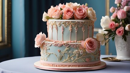 A stunning, multi-tiered birthday cake adorned with delicate flowers and intricate piping, fit for a royal celebration. - obrazy, fototapety, plakaty