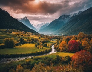 Whispers of Nature: Rolling Hills and a Mountain Cottage at Sunset, Generative AI