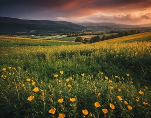 Whispers of Nature: Rolling Hills and a Mountain Cottage at Sunset, Generative AI