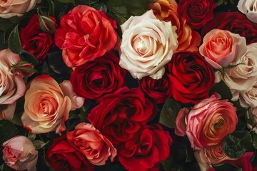 A cluster of red and pink roses with vibrant green leaves in full bloom, A bouquet of roses in various shades of red