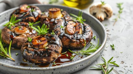 a plate adorned with perfectly grilled mushrooms, delicately drizzled with balsamic vinegar and garnished with fresh herbs, presenting an elegant and flavorful side dish.