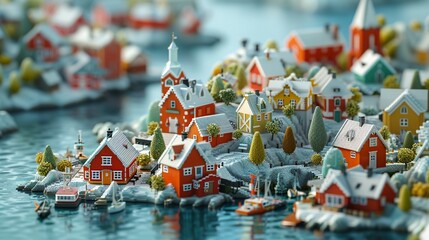 a centered wide shot isometric pixel art small Scandinavian town gradually going big to small, isolated