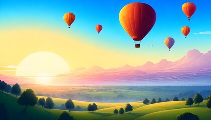 illustration of beautiful sunrise landscape with hot air balloons in sky create with ai