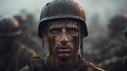 Gritty portrait of a weathered soldier in combat