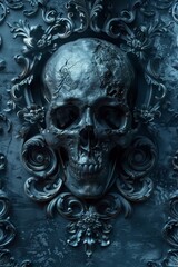 Floral Adorned Skull in Moody Blue Tones
 - obrazy, fototapety, plakaty