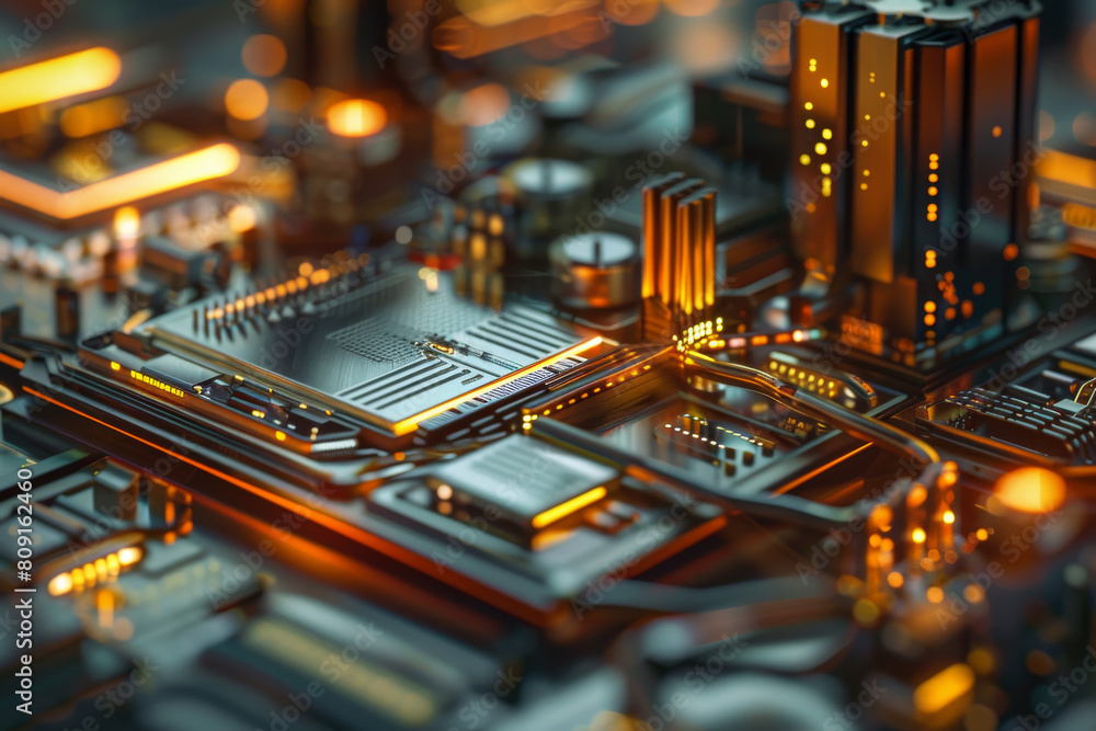 Poster a computer motherboard with a cpu on top of it