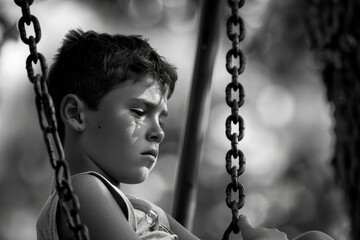 A young boy is sitting on a swing in a park, lost in thought, A boy sitting alone on a swing, lost in thought