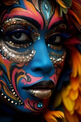 Vibrant face art with colorful makeup and feathers