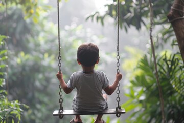 A young boy sits on a swing amidst trees in a forest, A boy sitting alone on a swing, lost in thought