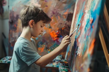 A young boy is focused on painting with a brush on a canvas, A boy with a paintbrush, creating a masterpiece on a canvas