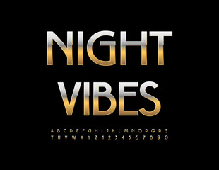 Vector concept template Night Vibes. Chic metal Font. Gold stylish Alphabet Letters and Numbers set