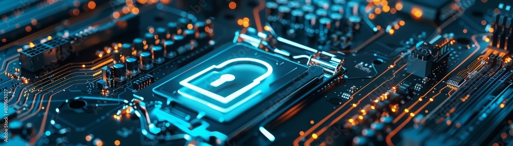 Poster cybersecurity concepts are visualized with a lock icon in a digital network on a motherboard, symbol