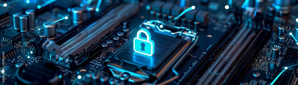 Poster cybersecurity concepts are visualized with a lock icon in a digital network on a motherboard, symbol