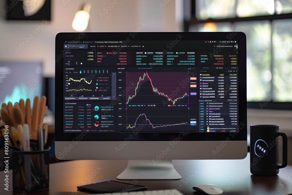 Poster a computer monitor displays a graph showing the price of bitcoin